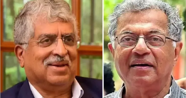 ഇന്‍ഫോസിസ് സ്ഥാപകരിലൊരാളായ നന്ദന്‍ നിലകേനി (ഇടത്ത്) നടന്‍ ഗിരീഷ് കര്‍ണാഡ് (വലത്ത്)