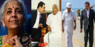 ഉമ്മന്‍ ചാണ്ടിയും അദാനിയും (നടുവില്‍) പിണറായിയും അദാനിയും (വലത്ത്)