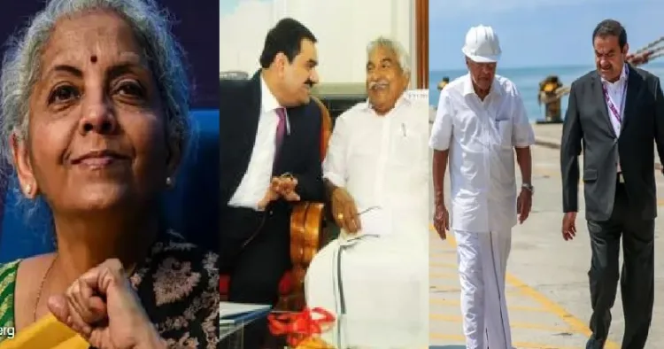 ഉമ്മന്‍ ചാണ്ടിയും അദാനിയും (നടുവില്‍) പിണറായിയും അദാനിയും (വലത്ത്)