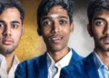 ഇന്ത്യന്‍ ചെസ് താരങ്ങളായ അര്‍ജുന്‍ എരിഗെയ്സി (ഇടത്ത്) പ്രജ്ഞാനന്ദ (നടുവില്‍) ഗുകേഷ് (വലത്ത്)