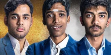 ഇന്ത്യന്‍ ചെസ് താരങ്ങളായ അര്‍ജുന്‍ എരിഗെയ്സി (ഇടത്ത്) പ്രജ്ഞാനന്ദ (നടുവില്‍) ഗുകേഷ് (വലത്ത്)