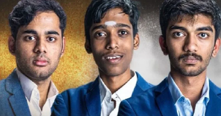 ഇന്ത്യന്‍ ചെസ് താരങ്ങളായ അര്‍ജുന്‍ എരിഗെയ്സി (ഇടത്ത്) പ്രജ്ഞാനന്ദ (നടുവില്‍) ഗുകേഷ് (വലത്ത്)