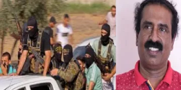 രവിചന്ദ്രന്‍ സി (വലത്ത്) ഹമാസ് തീവ്രവാദികള്‍ ഇസ്രയേലില്‍ ആക്രമണം നടത്തുന്നു (ഇടത്ത്)