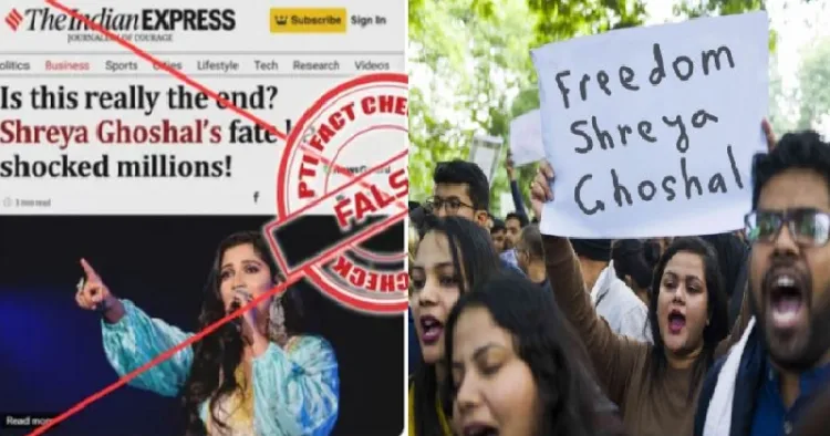 ശ്രേയ ഘോഷാലിനെ അറസ്റ്റ് ചെയ്തെന്നുള്ള ഇന്ത്യന്‍ എക്സ്പ്രസില്‍ വന്നതായി പ്രചരിച്ച വ്യാജവാര്‍ത്ത (ഇടത്ത്) ശ്രേയ ഘോഷാലിനെ വിട്ടയയ്ക്കണമെന്ന് ആവശ്യപ്പെട്ട് നടത്തുന്ന പ്രകടനം (വലത്ത്)