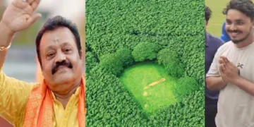 വരന്തരപ്പിള്ളിയ്ക്കടുത്ത് പാലപ്പിള്ളിയിലെ ഹാരിസണ്‍ മലയാളത്തിന്‍റെ റബ്ബര്‍ എസ്റ്റേറ്റിന്‍റെ ഫോട്ടോ (നടുവില്‍) ഫോട്ടോ എടുത്ത വരുണ്‍ സുരേഷ് ഗോപിയെ തൊഴുന്നു (വലത്ത്)
