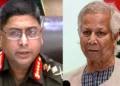 ബംഗ്ലാദേശ് സൈനിക തലവന്‍ വഖാര്‍ ഉസ് സമന്‍ (ഇടത്ത്) ബംഗ്ലാദേശ് ഇടക്കാല ഭരണാധികാരി മുഹമ്മദ് യൂനസ് (വലത്ത്)