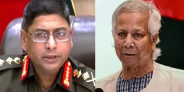 ബംഗ്ലാദേശ് സൈനിക തലവന്‍ വഖാര്‍ ഉസ് സമന്‍ (ഇടത്ത്) ബംഗ്ലാദേശ് ഇടക്കാല ഭരണാധികാരി മുഹമ്മദ് യൂനസ് (വലത്ത്)