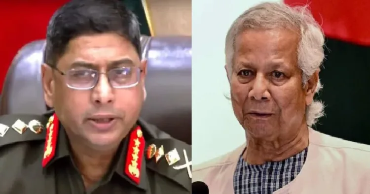 ബംഗ്ലാദേശ് സൈനിക തലവന്‍ വഖാര്‍ ഉസ് സമന്‍ (ഇടത്ത്) ബംഗ്ലാദേശ് ഇടക്കാല ഭരണാധികാരി മുഹമ്മദ് യൂനസ് (വലത്ത്)