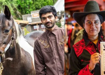 കൗബോയ് വേഷം കെട്ടി ഇന്ത്യന്‍ ചെസ് താരം ഗുകേഷ് (ഇടത്ത്) കൊനേരു ഹംപി (വലത്ത്)