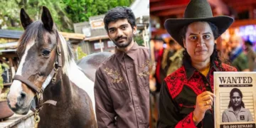 കൗബോയ് വേഷം കെട്ടി ഇന്ത്യന്‍ ചെസ് താരം ഗുകേഷ് (ഇടത്ത്) കൊനേരു ഹംപി (വലത്ത്)