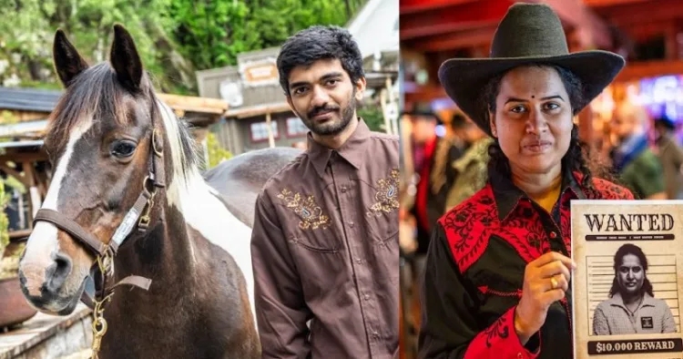 കൗബോയ് വേഷം കെട്ടി ഇന്ത്യന്‍ ചെസ് താരം ഗുകേഷ് (ഇടത്ത്) കൊനേരു ഹംപി (വലത്ത്)