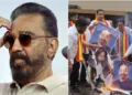 കമല്‍ ഹാസനെതിരെ കന്നട പ്രവര്‍ത്തകര്‍ (വലത്ത്)