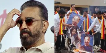 കമല്‍ ഹാസനെതിരെ കന്നട പ്രവര്‍ത്തകര്‍ (വലത്ത്)