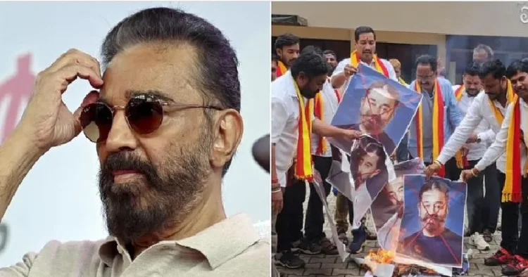 കമല്‍ ഹാസനെതിരെ കന്നട പ്രവര്‍ത്തകര്‍ (വലത്ത്)