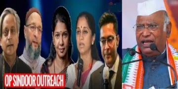 കോണ്‍ഗ്രസ് ദേശീയ പ്രസിഡന്‍റ് മല്ലികാര്‍ജുന്‍ ഖാര്‍ഗെ (വലത്ത്) വിദേശത്ത് ഓപ്പറേഷന്‍ സിന്ദൂറിനെക്കുറിച്ച് വിശദീകരിക്കുന്ന ശശി തരൂര്‍, അസദുദ്ദീന്‍ ഒവൈസി, കനിമൊഴി, സുപ്രിയ സുലെ, അഭിഷേക് ബാനര്‍ജി എന്നീ പ്രതിപക്ഷ പാര്‍ട്ടി നേതാക്കള്‍ (ഇടത്ത്)