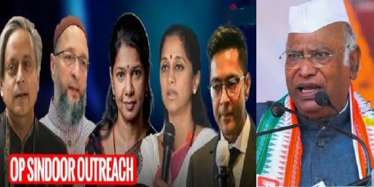 കോണ്‍ഗ്രസ് ദേശീയ പ്രസിഡന്‍റ് മല്ലികാര്‍ജുന്‍ ഖാര്‍ഗെ (വലത്ത്) വിദേശത്ത് ഓപ്പറേഷന്‍ സിന്ദൂറിനെക്കുറിച്ച് വിശദീകരിക്കുന്ന ശശി തരൂര്‍, അസദുദ്ദീന്‍ ഒവൈസി, കനിമൊഴി, സുപ്രിയ സുലെ, അഭിഷേക് ബാനര്‍ജി എന്നീ പ്രതിപക്ഷ പാര്‍ട്ടി നേതാക്കള്‍ (ഇടത്ത്)