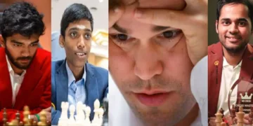 മാഗ്നസ് കാള്‍സന്‍ (നടുവില്‍) ഗുകേഷ് (ഏറ്റവും ഇടത്തേയറ്റം) പ്രജ്ഞാനന്ദ (മാഗ്നസ് കാള്‍സന് തൊട്ട് ഇടത്ത്) അര്‍ജുന്‍ എരിഗെയ്സി (വലത്തേയറ്റം)