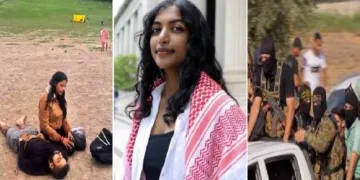 മേഘ വെമൂരി (നടുവില്‍ ) പഹല്‍ഗാമില്‍ പാക് ഭീകരരുടെ വെടിയേറ്റ് മരിച്ച യുവാവിന് അടുത്ത് ഇരിക്കുന്ന ഭാര്യ (ഇടത്ത്) 2023ല്‍ ഇസ്രയേലിലേക്ക് അതിക്രമിച്ച് കയറി ഇസ്രയേല്‍ പൗരന്മാരെ വെടിവെച്ച് കൊല്ലാനെത്തിയ ഹമാസ് ഭീകരര്‍ (വലത്ത്)