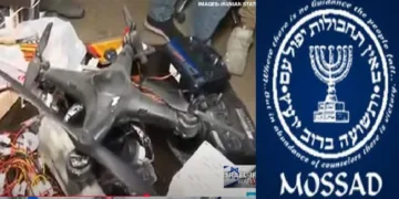 ഇസ്രയേല്‍ ചാരസംഘടനയായ മൊസ്സാദ് ഇറാനില്‍ ഒരു ഇടുങ്ങിയ മുറിയില്‍ ഒരുക്കിയ ഒരു ഡ്രോണ്‍ അസംബ്ലിങ്ങ് കേന്ദ്രം (ഇടത്ത്) മൊസ്സാദിന്‍റെ ലോഗോ (വലത്ത്)