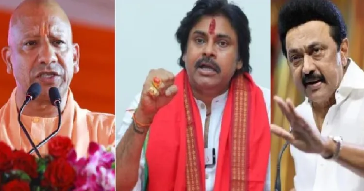 സ്റ്റാലിന്‍ (വലത്ത്) യോഗി ആദിത്യനാഥ് (ഇടത്ത്) പവന്‍ കല്യാണ്‍ (നടുവില്‍)