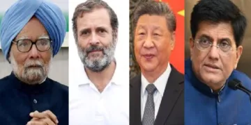 15 വര്‍ഷം മുന്‍പ് കോണ്‍ഗ്രസ് പ്രധാനമന്ത്രിയായിരുന്ന മന്‍മോഹന്‍ സിങ്ങ് (ഇടത്ത്) കേന്ദ്രമന്ത്രി പീയൂഷ് ഗോയല്‍ (വലത്ത്)