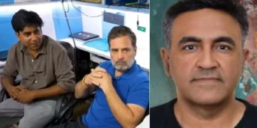 പ്രകാശ് ദഡ് ലാനി (വലത്ത്) രാഹുല്‍ ഗാന്ധി ടെക്നീഷ്യന്‍മാരോട് സംസാരിക്കുന്നു (ഇടത്ത്)