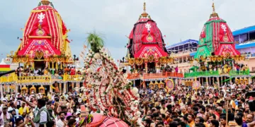 Puri, July 7 (ANI): Devotees in large number take part in the two-day Lord Jagannath Rath Yatra, in Puri on Sunday. (ANI Photo)