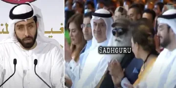 ദുബായിലെ മന്ത്രി സദ്ഗുരുവിനെ വേദിയിലേക്ക് ക്ഷണിക്കുന്നു (ഇടത്ത്) സദ്ഗുരു സദസിലെ മുന്‍നിരയില്‍ പ്രമുഖരായ അറബ് നേതാക്കളുടെ കൂടെ (വലത്ത്)