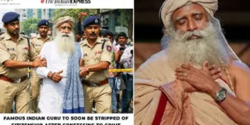 സദ്ഗുരുവിനെ പൊലീസ് തടങ്കലിലാക്കി എന്ന് ഇന്ത്യന്‍ എക്സ്പ്രസ് തലക്കെട്ട് ദുരുപയോഗപ്പെടുത്തി എ ഐ സഹായത്തോടെ സൃഷ്ടിച്ച വാര്‍ത്ത (ഇടത്ത്)