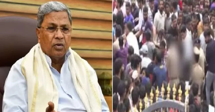 ബെംഗളൂരു ചിന്നസ്വാമി സ്റ്റേഡിയത്തില്‍ നടന്ന തിക്കും തിരക്കും (വലത്ത്)