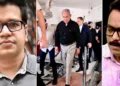 ശ്രീജിത് പണിക്കര്‍ (ഇടത്ത്) ഇസ്രയേലിലെ ടെല്‍ അവീവില്‍ നില്‍ക്കുന്ന നെതന്യാഹു (നടുവില്‍) മീഡിയാ വണ്‍ ചാനല്‍ റിപ്പോര്‍ട്ടര്‍ (വലത്ത്)