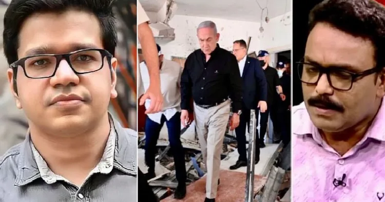ശ്രീജിത് പണിക്കര്‍ (ഇടത്ത്) ഇസ്രയേലിലെ ടെല്‍ അവീവില്‍ നില്‍ക്കുന്ന നെതന്യാഹു (നടുവില്‍) മീഡിയാ വണ്‍ ചാനല്‍ റിപ്പോര്‍ട്ടര്‍ (വലത്ത്)