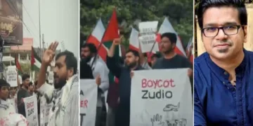 ജമാ അത്തെ ഇസ്ലാമിയുടെ വിദ്യാര്‍ത്ഥി വിഭാഗമായ എസ് ഐ ഒ കോഴിക്കോട് സൂഡിയോയ്ക്കെതിരെ നടത്തിയ സമരങ്ങളിലെ ദൃശ്യങ്ങള്‍ (ഇടത്ത്) ശ്രീജിത് പണിയ്ക്കര്‍ (വലത്ത്)