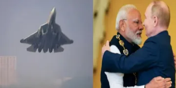 എസ് യു57 (ഇടത്ത്) മോദിയും പുടിനും (വലത്ത്)