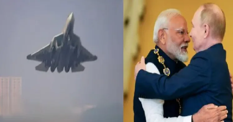 എസ് യു57 (ഇടത്ത്) മോദിയും പുടിനും (വലത്ത്)