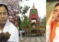 സുവേന്ദു അധികാരി (വലത്ത്) ദിഘ ജഗന്നാഥക്ഷേത്രത്തിലെ രഥയാത്ര (നടുവില്‍) മുസ്ലിം മതപ്രാര്‍ത്ഥനാച്ചടങ്ങില്‍ മമത (ഇടത്ത്)