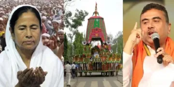 സുവേന്ദു അധികാരി (വലത്ത്) ദിഘ ജഗന്നാഥക്ഷേത്രത്തിലെ രഥയാത്ര (നടുവില്‍) മുസ്ലിം മതപ്രാര്‍ത്ഥനാച്ചടങ്ങില്‍ മമത (ഇടത്ത്)