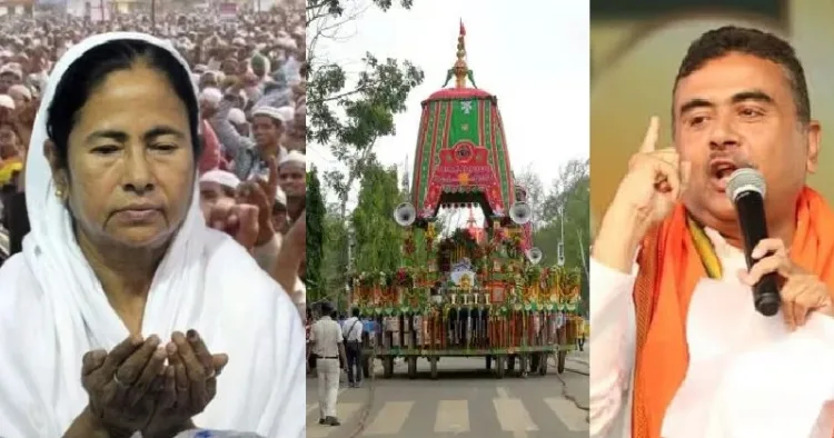 സുവേന്ദു അധികാരി (വലത്ത്) ദിഘ ജഗന്നാഥക്ഷേത്രത്തിലെ രഥയാത്ര (നടുവില്‍) മുസ്ലിം മതപ്രാര്‍ത്ഥനാച്ചടങ്ങില്‍ മമത (ഇടത്ത്)