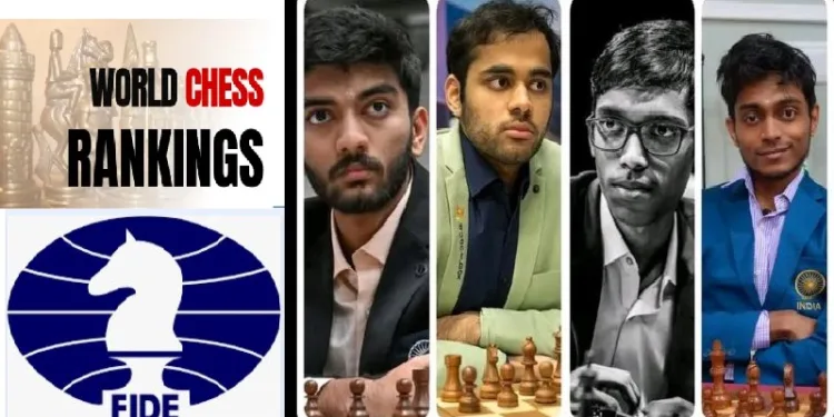 ഗുകേഷ്, അര്‍ജുന്‍ എരിഗെയ്സി, പ്രജ്ഞാനന്ദ, അരവിന്ദ് ചിതംബരം (ഇടത്ത് നിന്നും വലത്തോട്ട്)