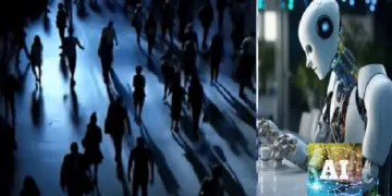 ജോലി നഷ്ടപ്പെട്ട് പുറത്തുപോകുന്ന ഐടി വിദഗ്ധര്‍ (ഇടത്ത്) എഐ റോബോട്ട് (വലത്ത്)