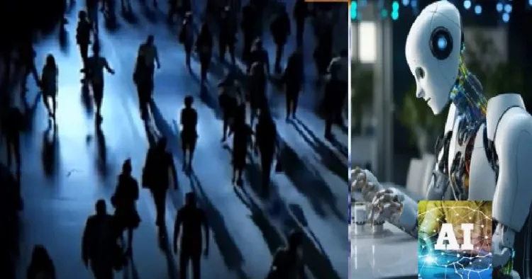 ജോലി നഷ്ടപ്പെട്ട് പുറത്തുപോകുന്ന ഐടി വിദഗ്ധര്‍ (ഇടത്ത്) എഐ റോബോട്ട് (വലത്ത്)