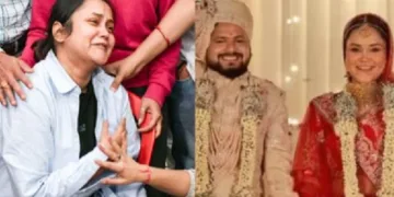 പഹല്‍ ഗാം ആക്രമണത്തില്‍ ഭര്‍ത്താവ് കൊല്ലപ്പെട്ടതില്‍ മനംനൊന്ത് ഐശന്യാ ദ്വിവേദി(ഇടത്ത്) വിവാഹ ഫോട്ടൊ (വലത്ത്)