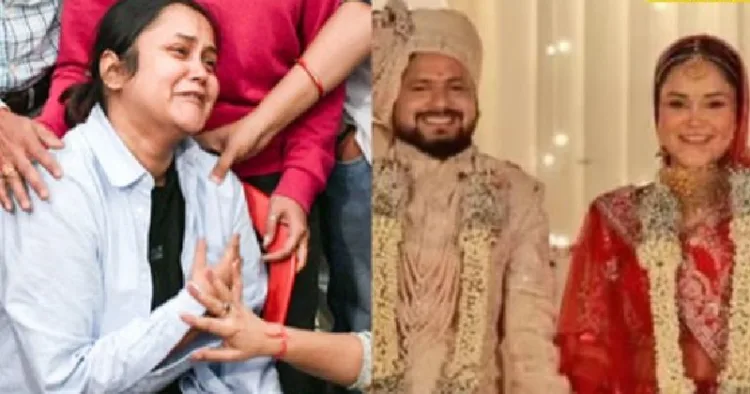 പഹല്‍ ഗാം ആക്രമണത്തില്‍ ഭര്‍ത്താവ് കൊല്ലപ്പെട്ടതില്‍ മനംനൊന്ത് ഐശന്യാ ദ്വിവേദി(ഇടത്ത്) വിവാഹ ഫോട്ടൊ (വലത്ത്)