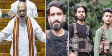 ഇന്ത്യന്‍ സേന വെടിവെച്ച് കൊന്ന മൂന്ന് പഹല്‍ഗാം ഭീകരര്‍ (വലത്ത്) പഹല്‍ഗാം ഭീകരരെ വധിച്ച വിവരം അമിത് ഷാ പാര്‍ലമെന്‍റില്‍ പ്രഖ്യാപിക്കുന്നു (ഇടത്ത്)