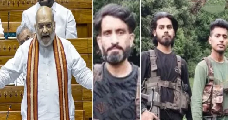 ഇന്ത്യന്‍ സേന വെടിവെച്ച് കൊന്ന മൂന്ന് പഹല്‍ഗാം ഭീകരര്‍ (വലത്ത്) പഹല്‍ഗാം ഭീകരരെ വധിച്ച വിവരം അമിത് ഷാ പാര്‍ലമെന്‍റില്‍ പ്രഖ്യാപിക്കുന്നു (ഇടത്ത്)