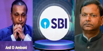 അനില്‍ അംബാനി(ഇടത്ത്) സ്റ്റേറ്റ് ബാങ്ക് ഓഫ് ഇന്ത്യ ലോഗോ (നടുവില്‍) കേന്ദ്രധനകാര്യസഹമന്ത്രി പങ്കജ് ചൗധരി (വലത്ത്)