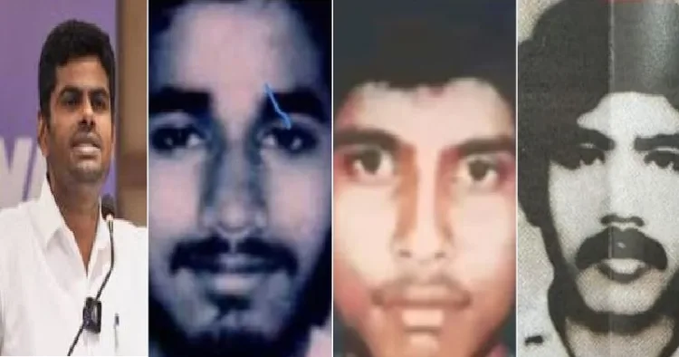 അണ്ണാമലൈ (ഇടത്ത്) 58 പേരുടെ മരണത്തിന് കാരണമായ കോയമ്പത്തൂര്‍ ബോംബ് സ്ഫോടനം ഉള്‍പ്പെടെ ആസൂത്രണം ചെയ്ത, കഴിഞ്ഞ 30 വര്‍ഷമായി ഒളിവിലായിരുന്നു, ഇപ്പോള്‍ തമിഴ്നാട് ഭീകരവാദ വിരുദ്ധ സെല്‍ അറസ്റ്റ് ചെയ്ത മൂന്ന് അല്‍ ഉമ്മ ഭീകരവാദികള്‍