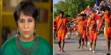 ജേണലിസ്റ്റ് ബര്‍ഖാ ദത്ത് (ഇടത്ത്) ശിവഭക്തരായ കന്‍വാരിയകള്‍ (വലത്ത്)