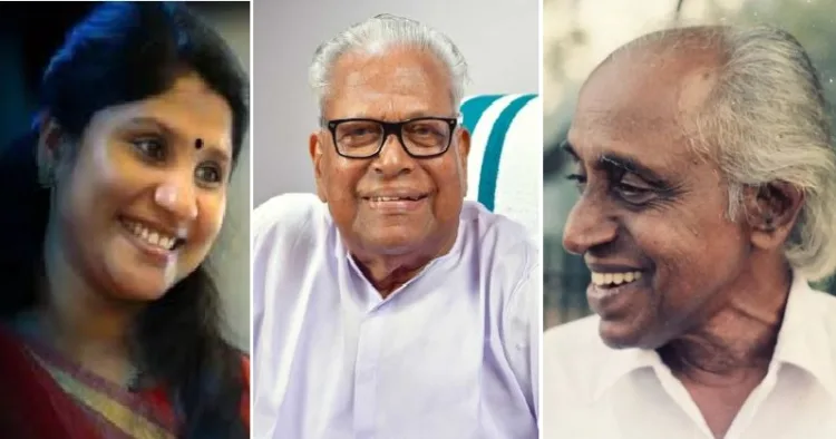 ദീപാ നിശാന്ത് (ഇടത്ത്) എം.എന്‍. വിജയന്‍ മാഷ് (വലത്ത്)