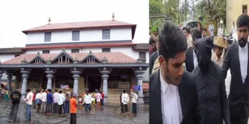 ധര്‍മ്മസ്ഥല മഞ്ജുനാഥക്ഷേത്രം (ഇടത്ത്) കര്‍ണ്ണാടകയിലെ ധര്‍മ്മസ്ഥലയില്‍ നൂറോളം ശവങ്ങള്‍ മറവു ചെയ്തിട്ടുണ്ടെന്നും പല പെണ്‍കുട്ടികളും ബലാത്സംഗം ചെയ്യപ്പെട്ടിരുന്നുവെന്നും വെളിപ്പെടുത്തിയ ശുചീകരണത്തൊഴിലാളിയെ മജിസ്ട്രേറ്റിന് മുന്‍പില്‍ മൊഴിനല്‍കാന്‍ യുവ അഭിഭാഷകര്‍ കൊണ്ടുപോകുന്നു (വലത്ത്)